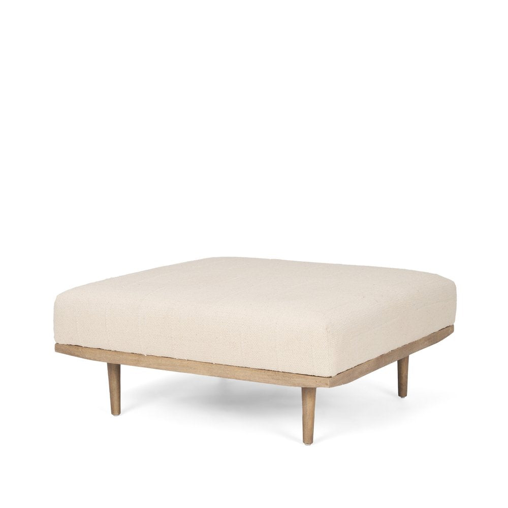 37" Beige and Brown Solid Wood and Fabric Ottoman. Ottoman isolated on a plain white background, showing a beige wood surface.