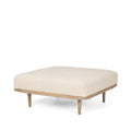 37" Beige and Brown Solid Wood and Fabric Ottoman. Ottoman isolated on a plain white background, showing a beige wood surface.