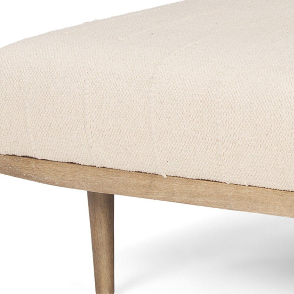 37" Beige and Brown Solid Wood and Fabric Ottoman. Ottoman isolated on a plain white background, in a beige wood finish.