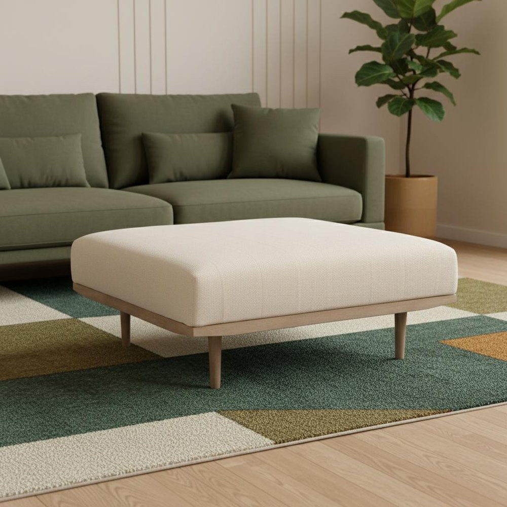 37" Beige and Brown Solid Wood and Fabric Ottoman. Ottoman in beige wood.