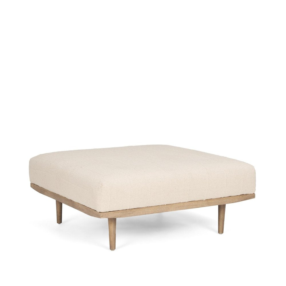 37" Beige and Brown Solid Wood and Fabric Ottoman. Ottoman isolated on a plain white background, in a beige wood finish.