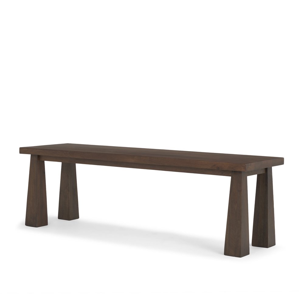 A dark brown solid wood bench with four tapered legs on a white background.