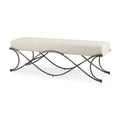 55" Cream and Nickel Fabric and Metal Upholstered Bench. Bench isolated on a plain white background, finished in cream metal.