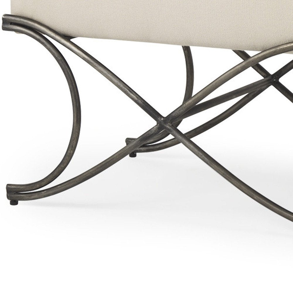 55" Cream and Nickel Fabric and Metal Upholstered Bench. Bench isolated on a plain white background, in a cream metal finish.