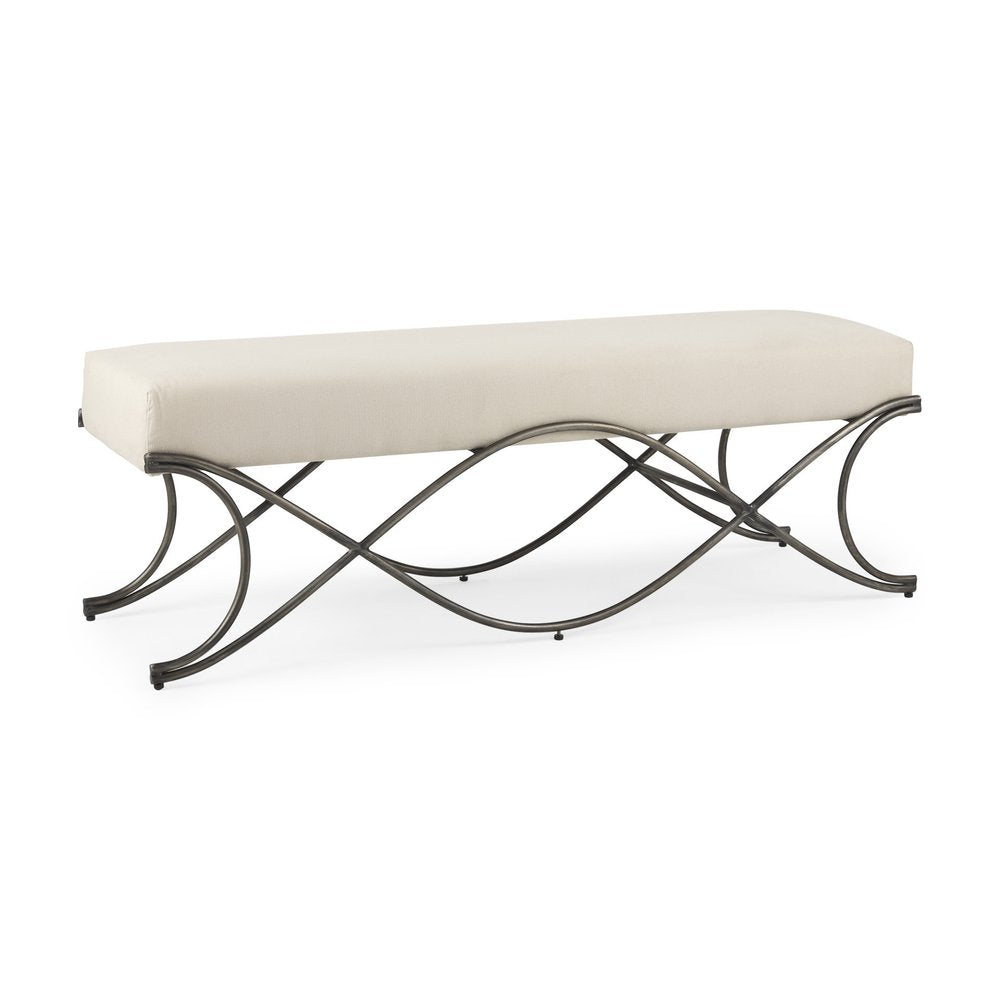 55" Cream and Nickel Fabric and Metal Upholstered Bench. Bench isolated on a plain white background, finished in cream metal.
