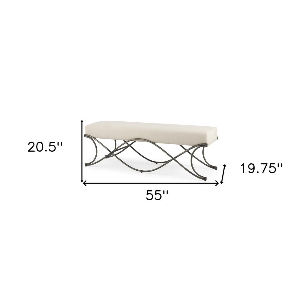 55" Cream and Nickel Fabric and Metal Upholstered Bench. Bench isolated on a plain white background, showing a cream metal surface.