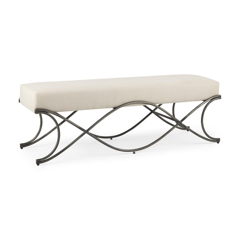 55" Cream and Nickel Fabric and Metal Upholstered Bench. Bench isolated on a plain white background, showing a cream metal surface.