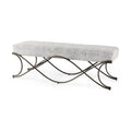 55" Dark Gray and Nickel Chenille and Metal Upholstered Bench. Bench isolated on a plain white background, in a charcoal metal finish.