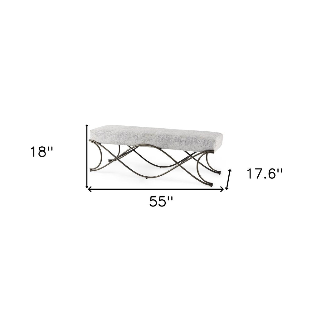 55" Dark Gray and Nickel Chenille and Metal Upholstered Bench. Bench isolated on a plain white background, finished in charcoal metal.