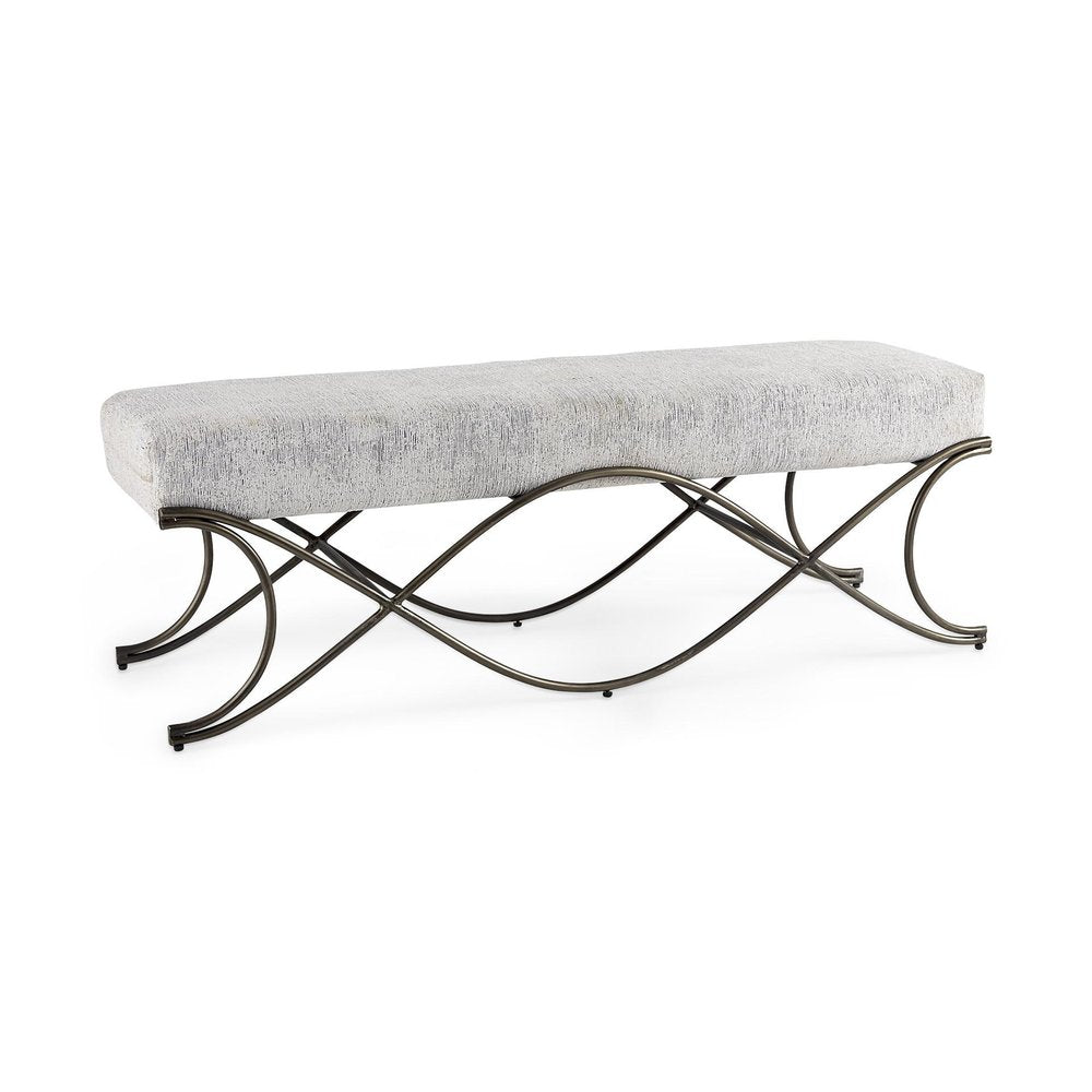 55" Dark Gray and Nickel Chenille and Metal Upholstered Bench. Bench isolated on a plain white background, in a charcoal metal finish.