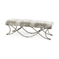 55" Gray and Gold Chenille and Metal Upholstered Bench. Bench isolated on a plain white background, showing a gold metal surface.