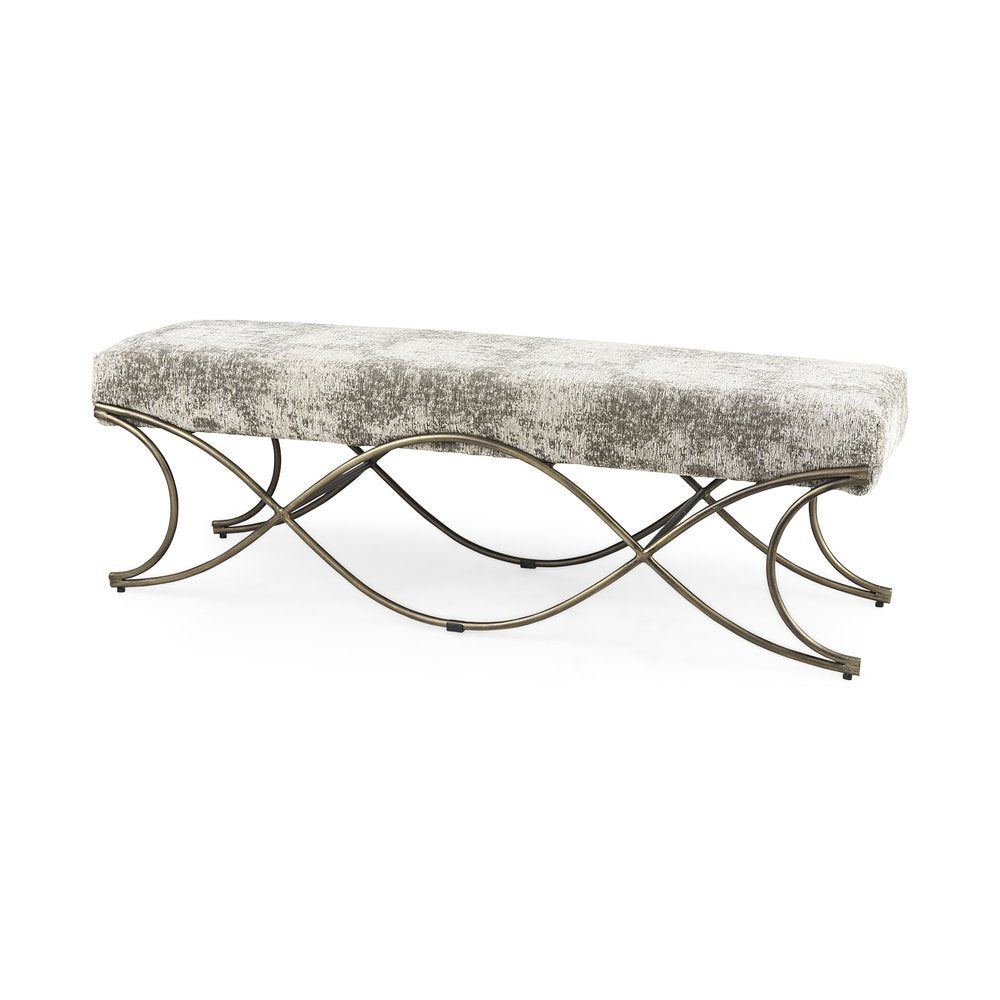 55" Gray and Gold Chenille and Metal Upholstered Bench. Bench isolated on a plain white background, showing a gold metal surface.