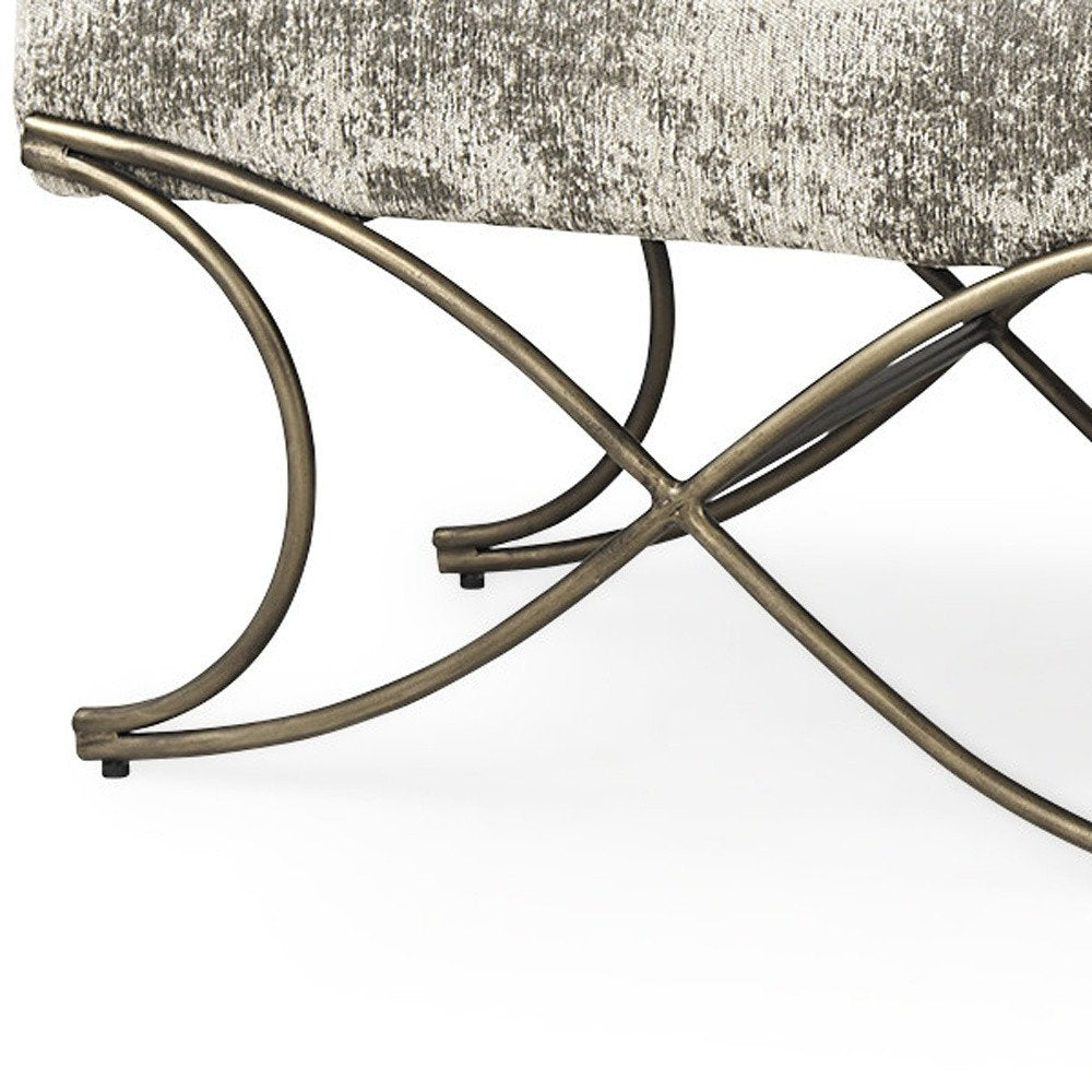 55" Gray and Gold Chenille and Metal Upholstered Bench. Bench isolated on a plain white background, showing a gold metal surface.