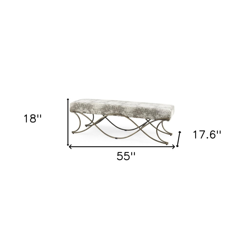 55" Gray and Gold Chenille and Metal Upholstered Bench. Bench isolated on a plain white background, in a gray metal finish.