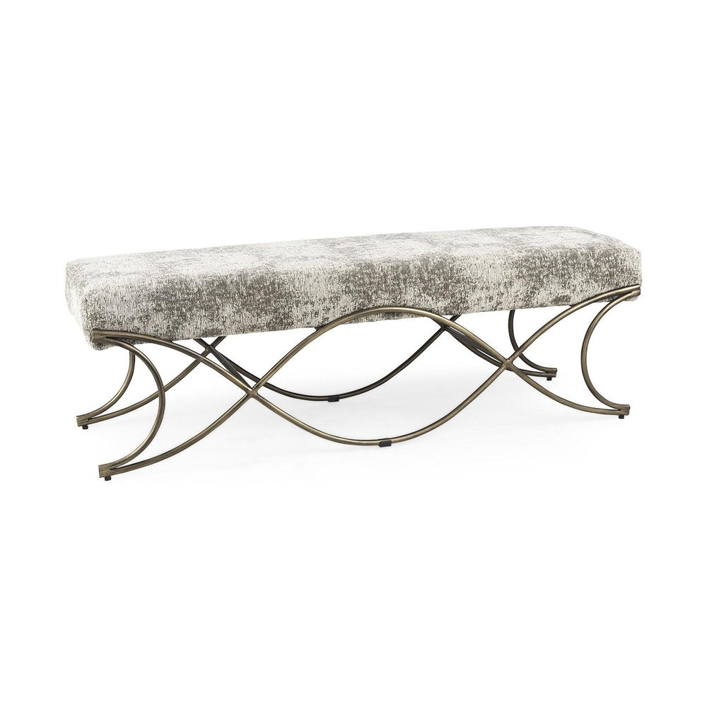 55" Gray and Gold Chenille and Metal Upholstered Bench. Bench isolated on a plain white background, in a gray metal finish.
