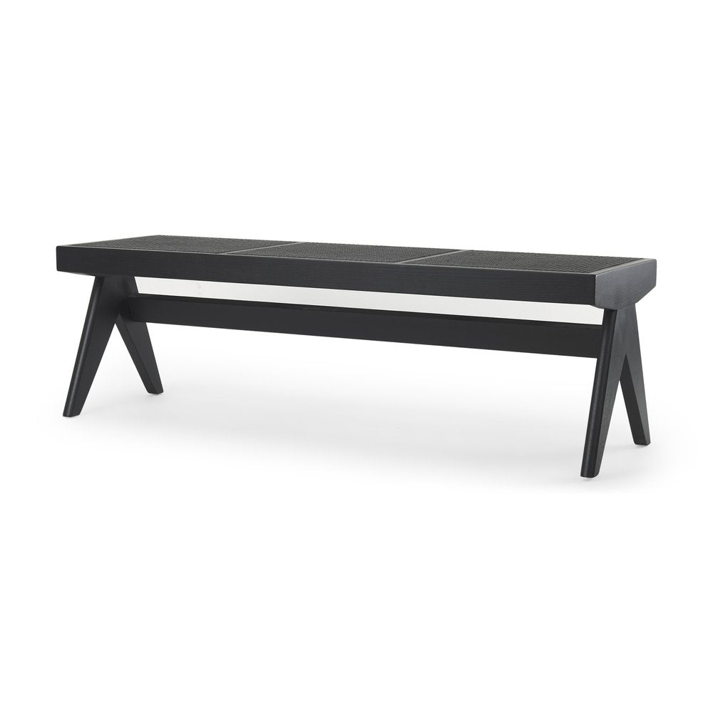 59" Black Solid Wood and Cane Dining Bench. Bench isolated on a plain white background, finished in black wood.