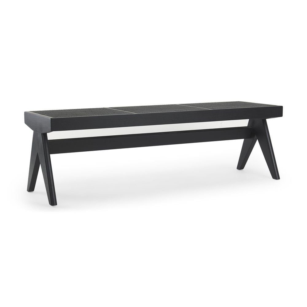 59" Black Solid Wood and Cane Dining Bench. Bench isolated on a plain white background, finished in black wood.
