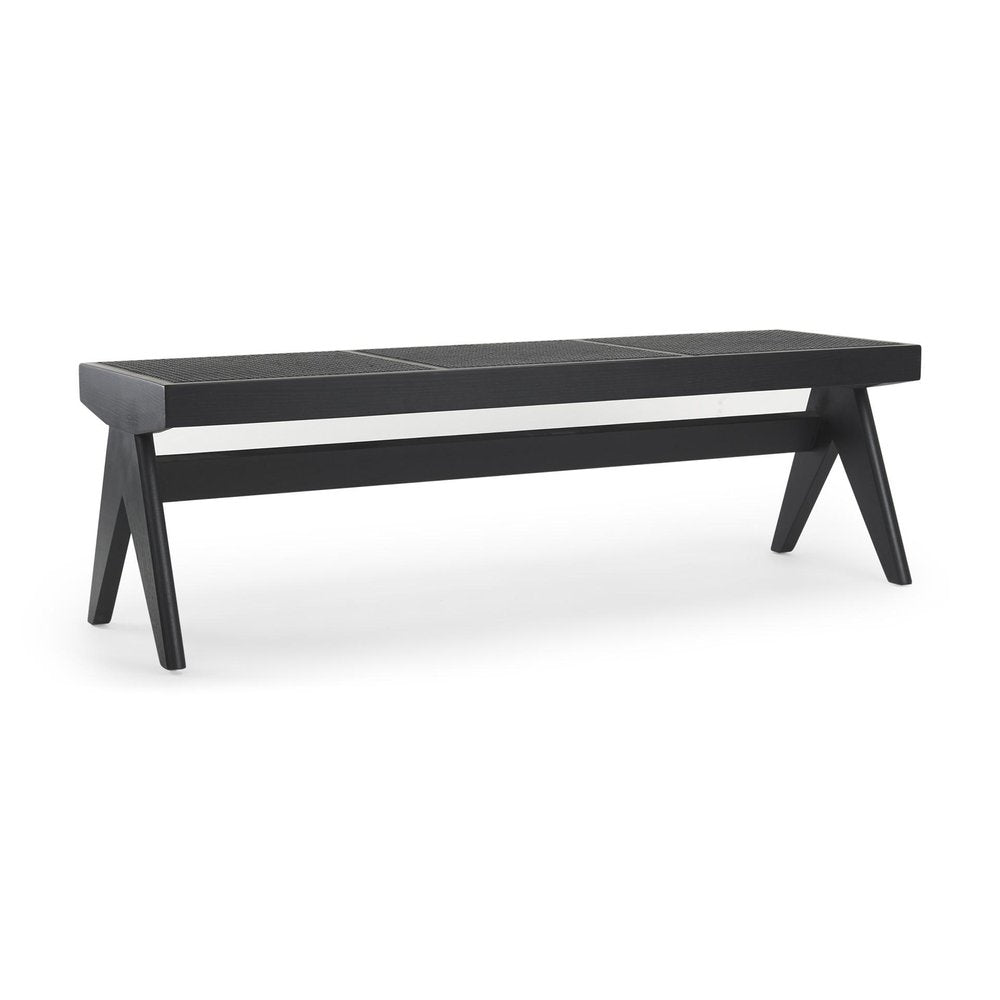 59" Black Solid Wood and Cane Dining Bench. Bench isolated on a plain white background, showing a black wood surface.