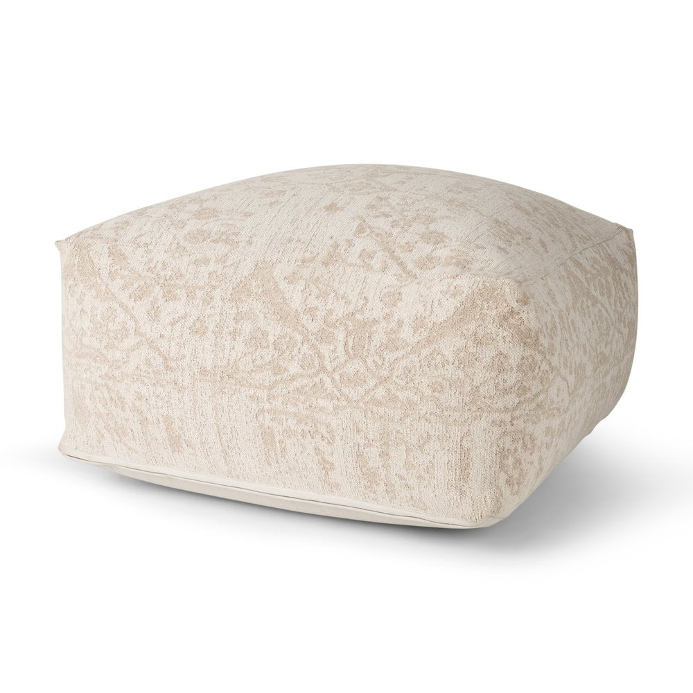 Beige and cream chenille damask pouf ottoman on a white background.
