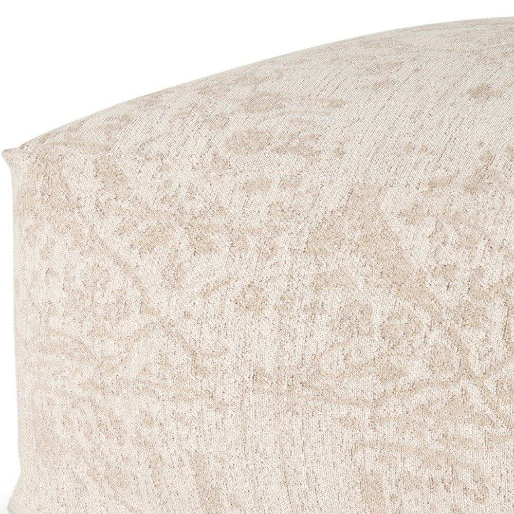 36" Beige and Cream Chenille Damask Pouf Ottoman