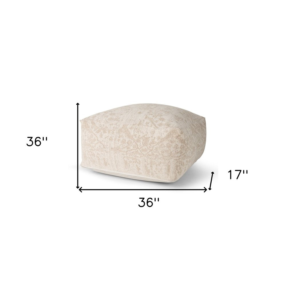 36" Beige and Cream Chenille Damask Pouf Ottoman