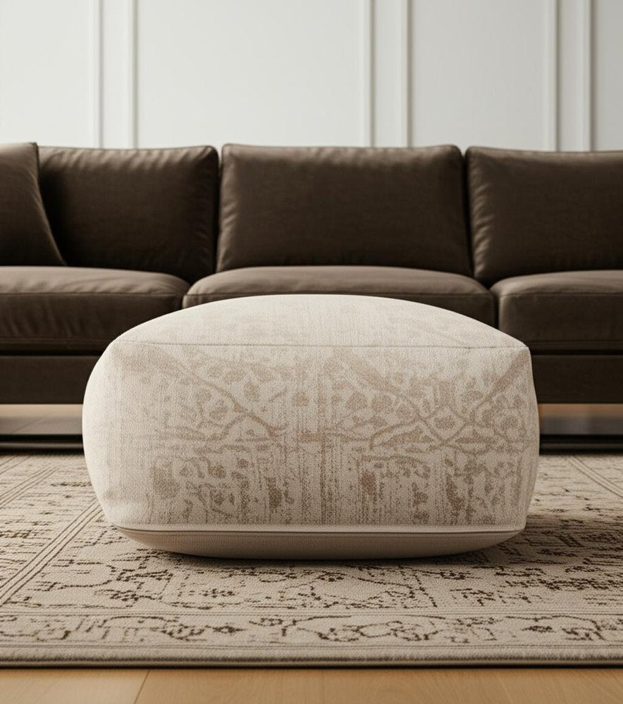 36" Beige and Cream Chenille Damask Pouf Ottoman