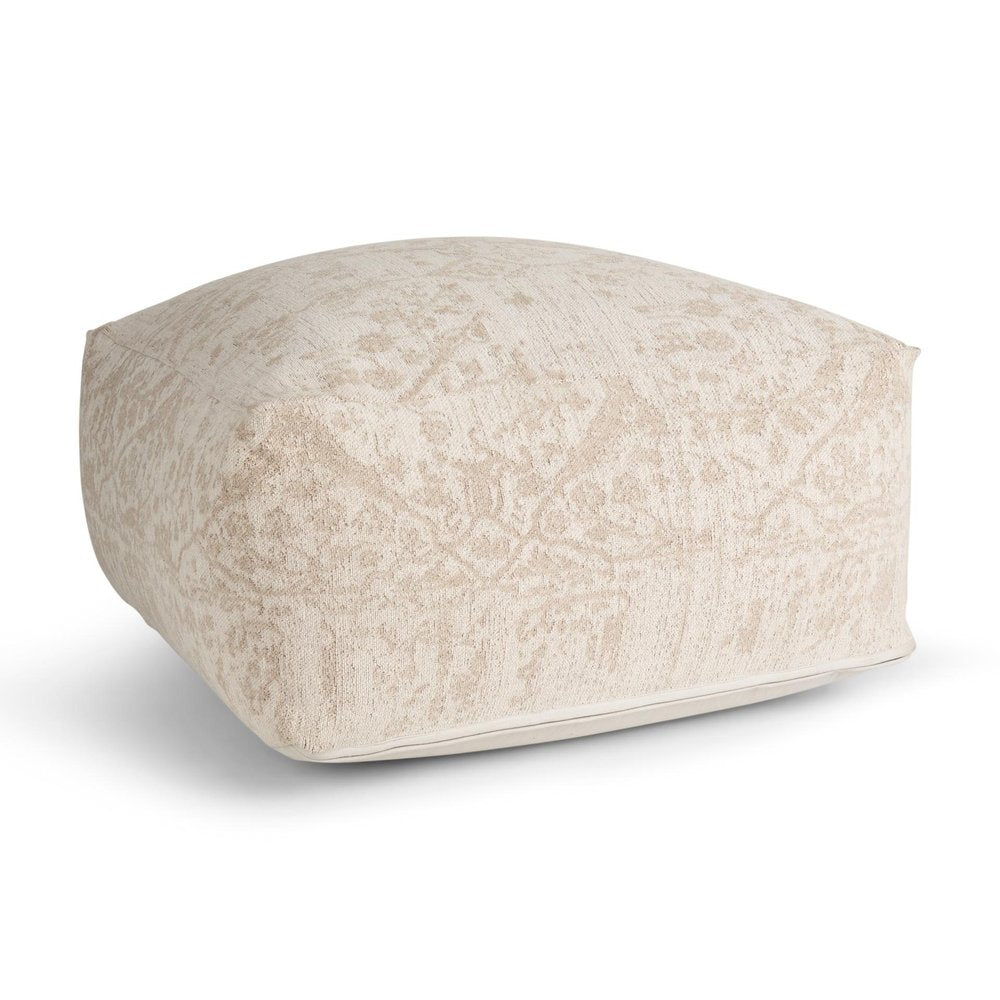 36" Beige and Cream Chenille Damask Pouf Ottoman. Ottoman isolated on a plain white background, in a cream finish.