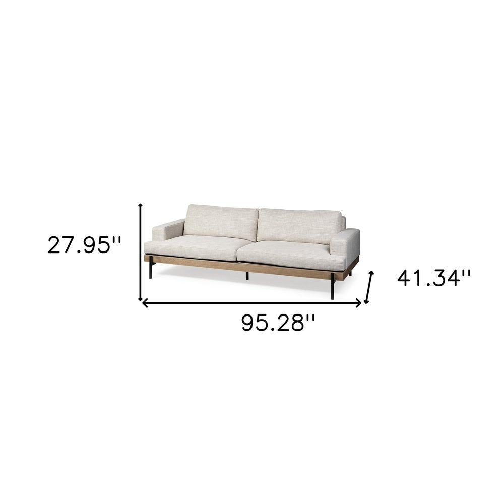 95" Beige Fabric Sofa With Black Legs on a white background