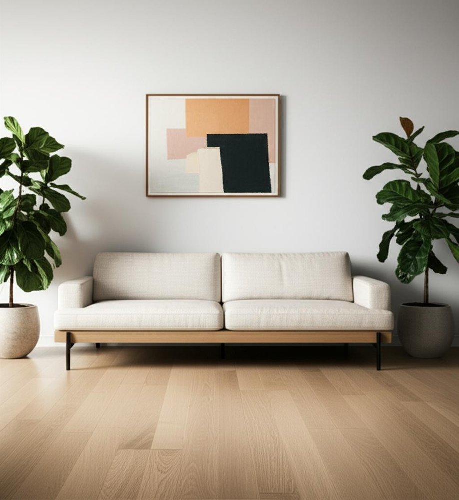 95" Beige Fabric Sofa With Black Legs in a home interior