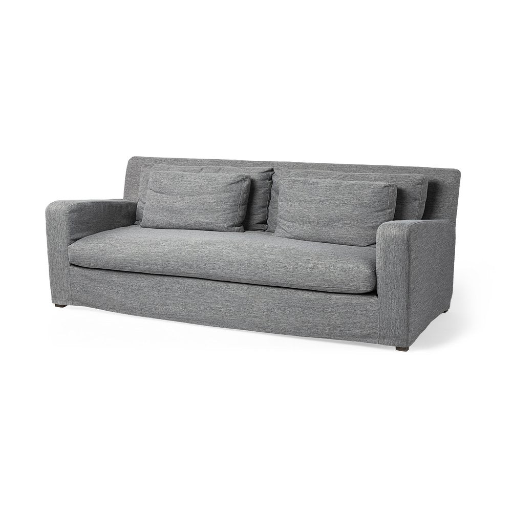 93" Dark Gray Slipcovered Fabric Sofa With Toss Pillows on a white background