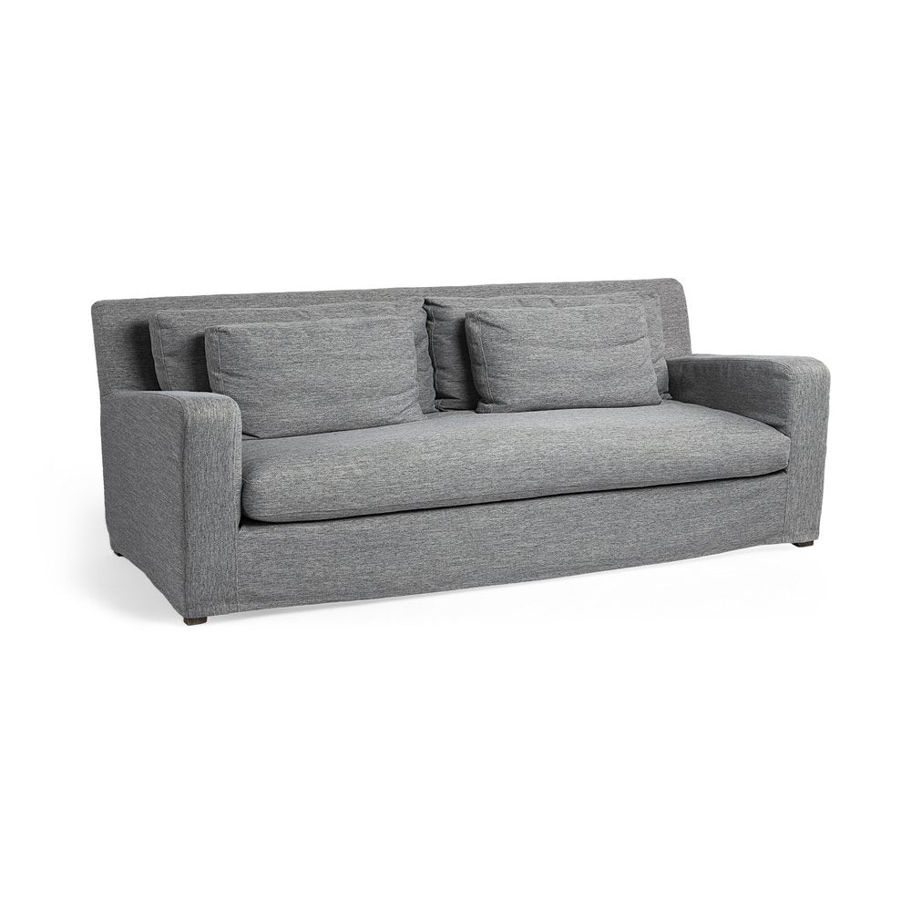 93" Dark Gray Slipcovered Fabric Sofa With Toss Pillows on a white background