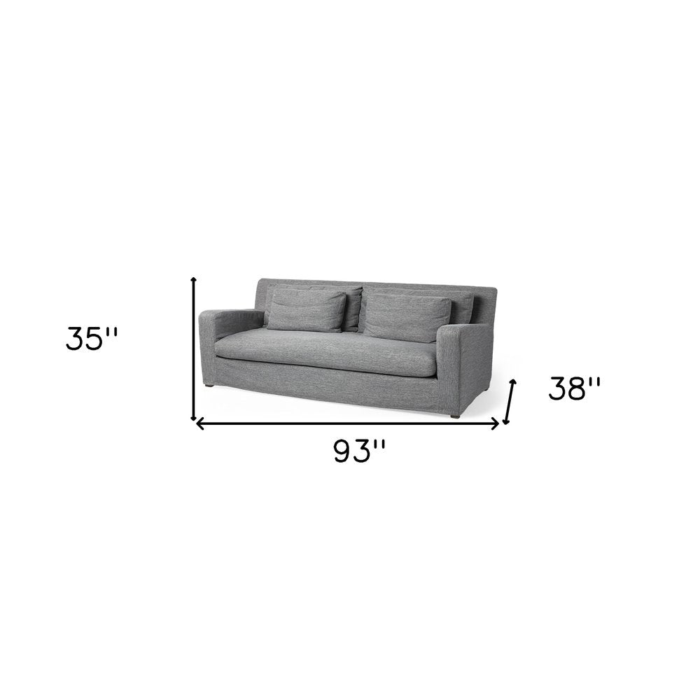 93" Dark Gray Slipcovered Fabric Sofa With Toss Pillows on a white background