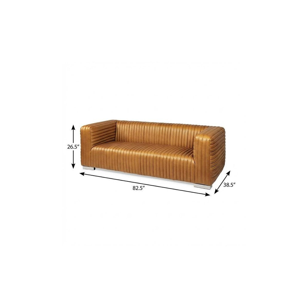 83" Brown Channel Tufted Leather Sofa