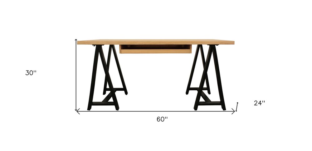 60" Natural and Black Solid Wood and Metal Trestle Executive Desk