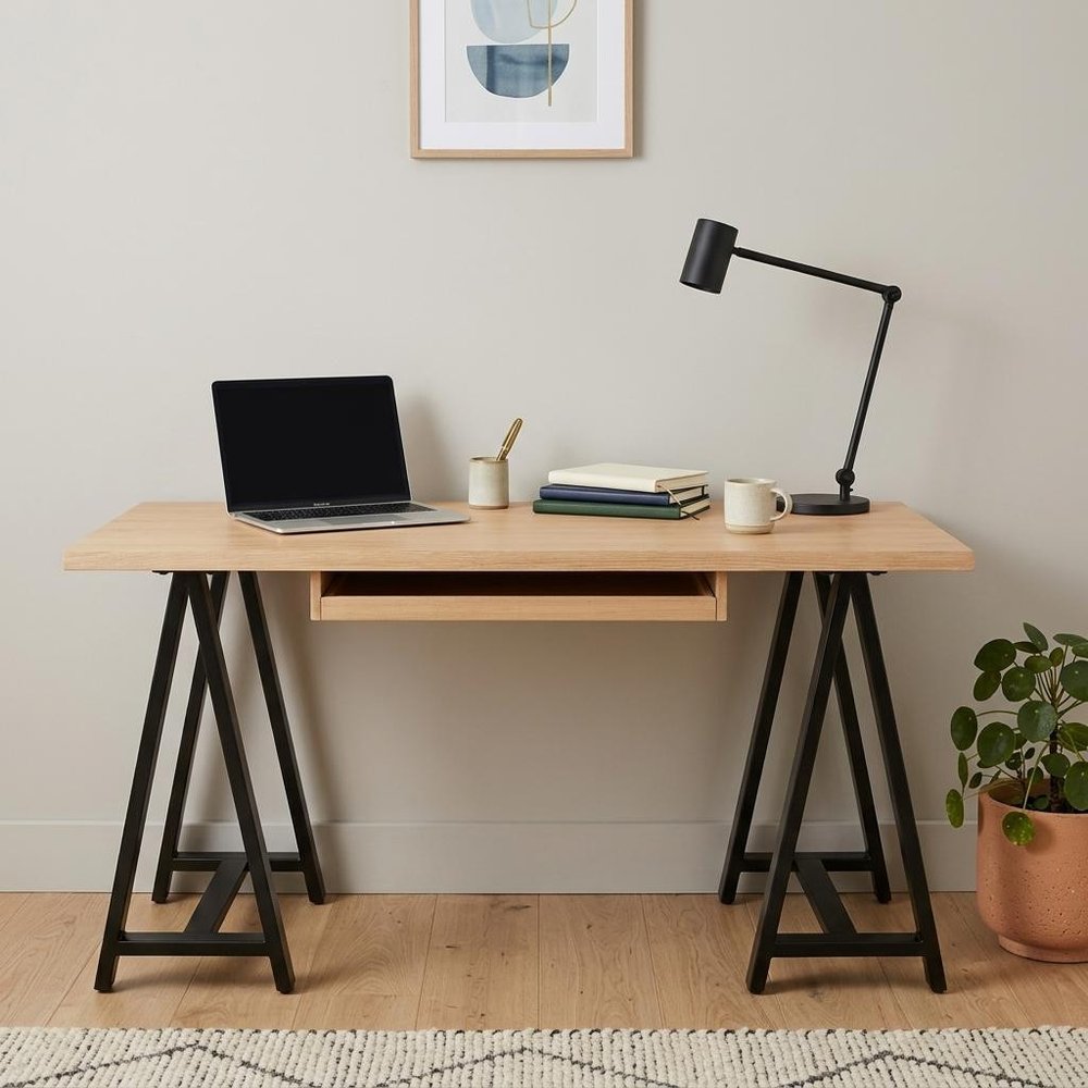 60" Natural and Black Solid Wood and Metal Trestle Executive Desk