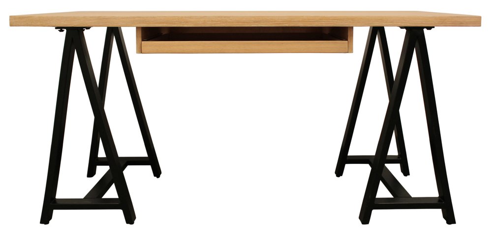 60" Natural and Black Solid Wood and Metal Trestle Executive Desk. Desk isolated on a plain white background, finished in black wood.