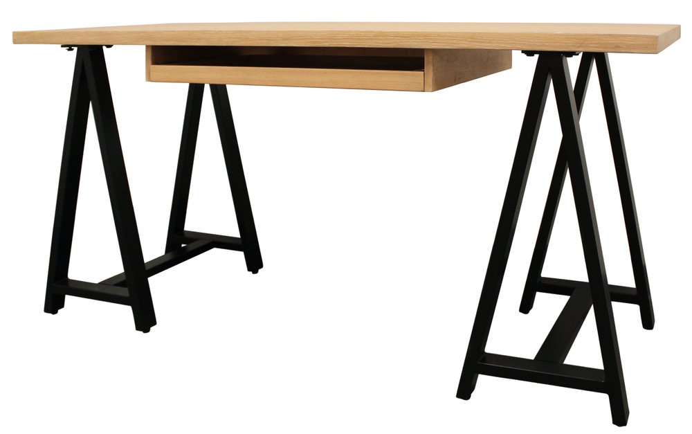 60" Natural and Black Solid Wood and Metal Trestle Executive Desk. Desk isolated on a plain white background, in a black wood finish.