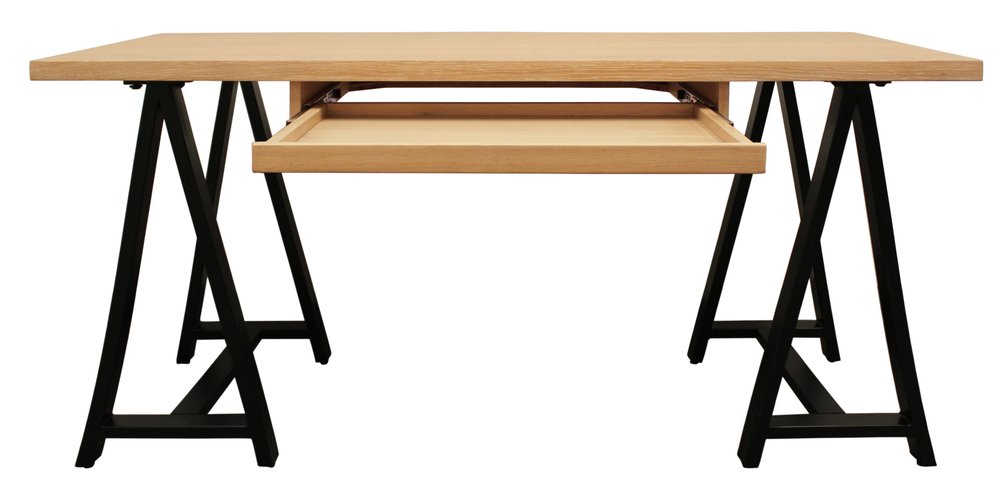 60" Natural and Black Solid Wood and Metal Trestle Executive Desk. Desk isolated on a plain white background, finished in black wood.