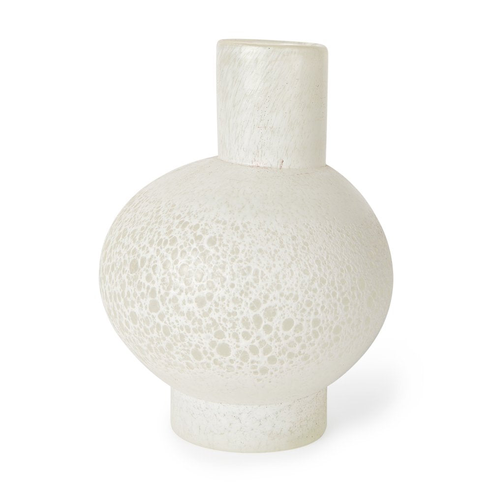 9" White Mottled Handblown Glass Table Vase on a white background