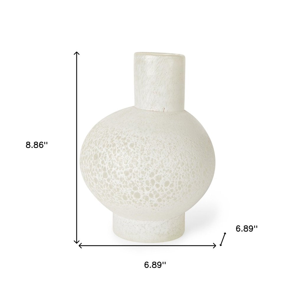 9" White Mottled Handblown Glass Table Vase on a white background