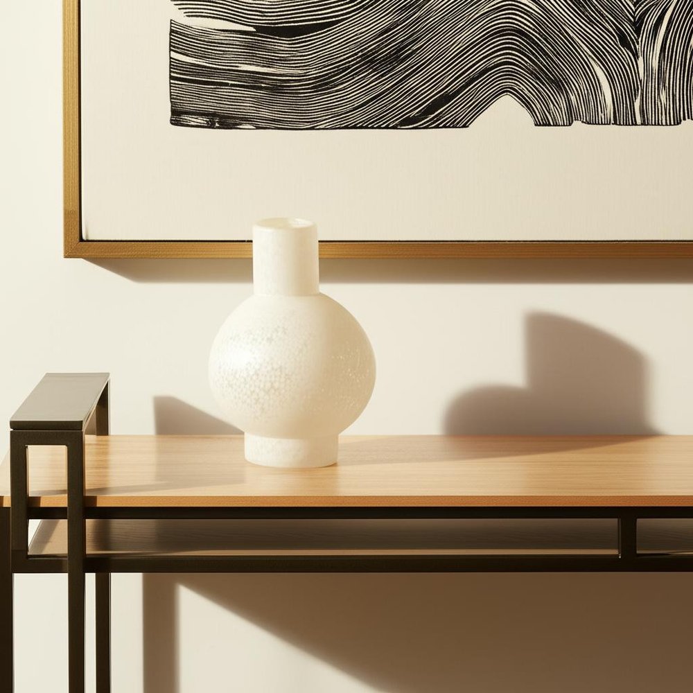 9" White Mottled Handblown Glass Table Vase in a home interior