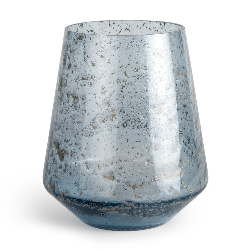 9" Blue Round Seeded Glass Table Vase on a white background