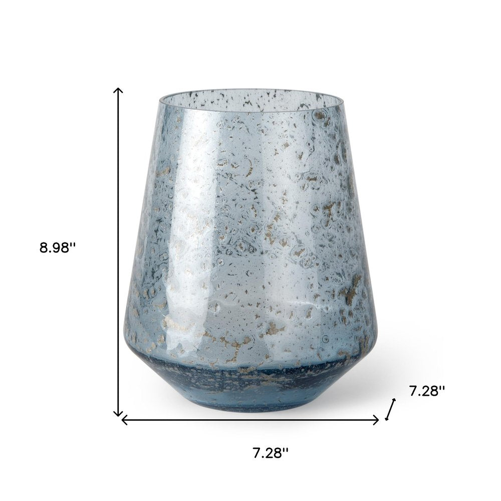 9" Blue Round Seeded Glass Table Vase on a white background