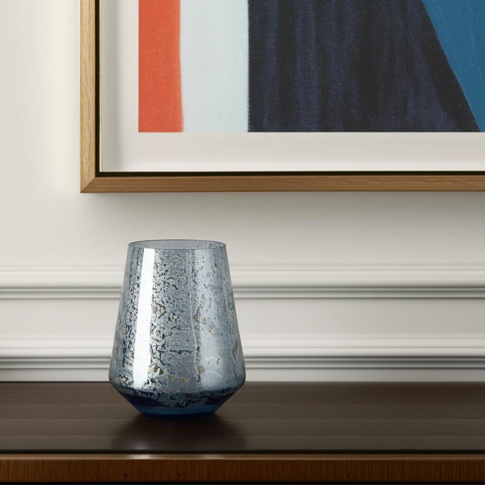9" Blue Round Seeded Glass Table Vase in a home interior