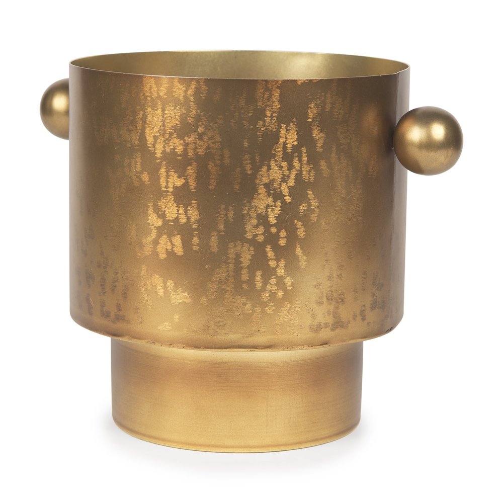 Gold cast iron round table vase with textured finish and spherical handles on a white background.