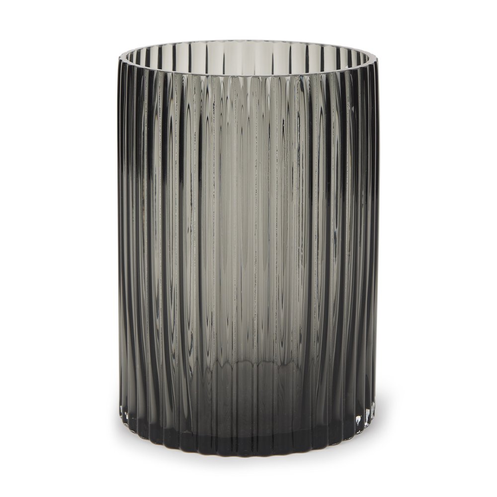 8" Black Cylinder Ribbed Glass Table Vase on a white background
