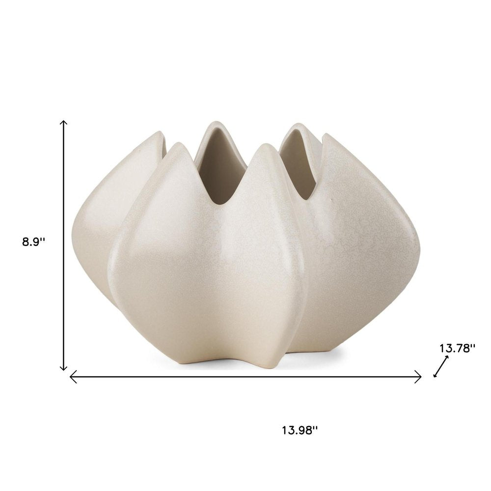 9" Cream Sculptural Ceramic Table Vase - 8.9" H x 13.98" W x 13.78" D