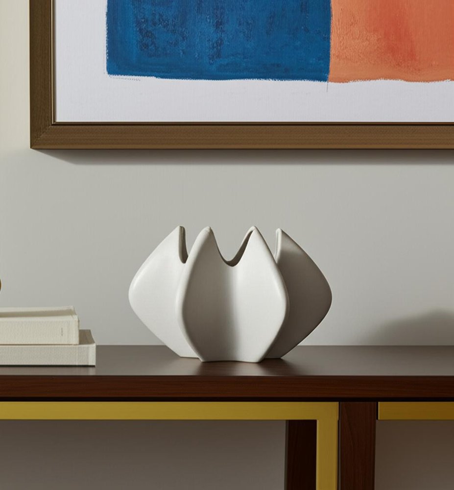 9" Cream Sculptural Ceramic Table Vase - 8.9" H x 13.98" W x 13.78" D