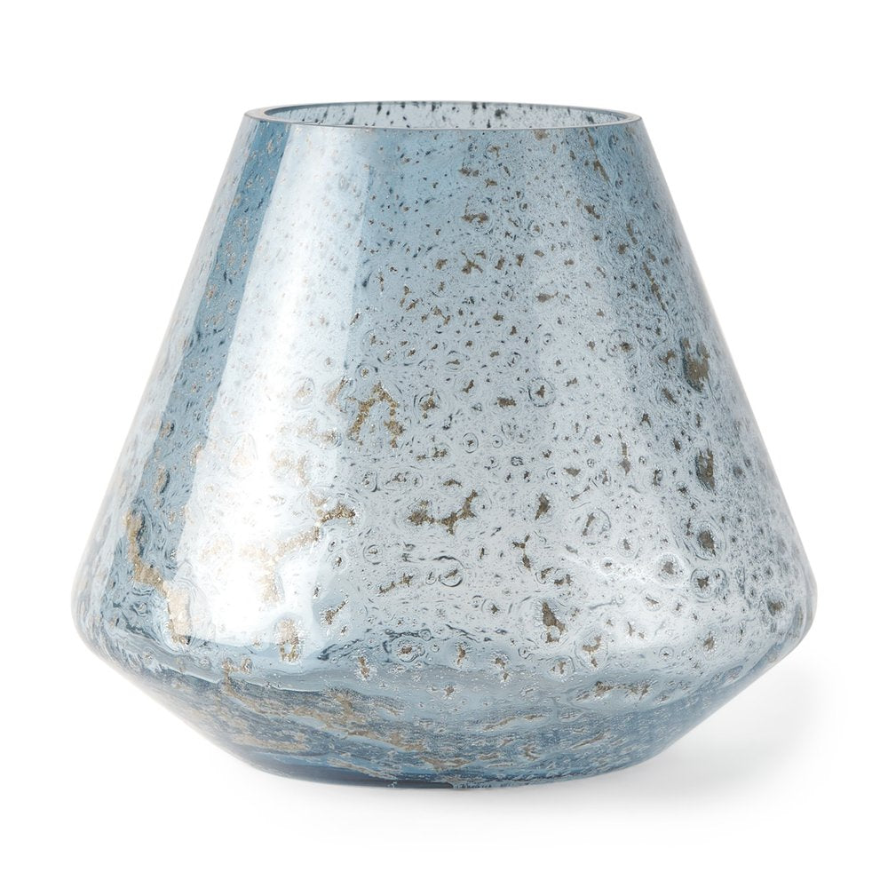 7" Blue Seeded Glass Round Table Vase on a white background
