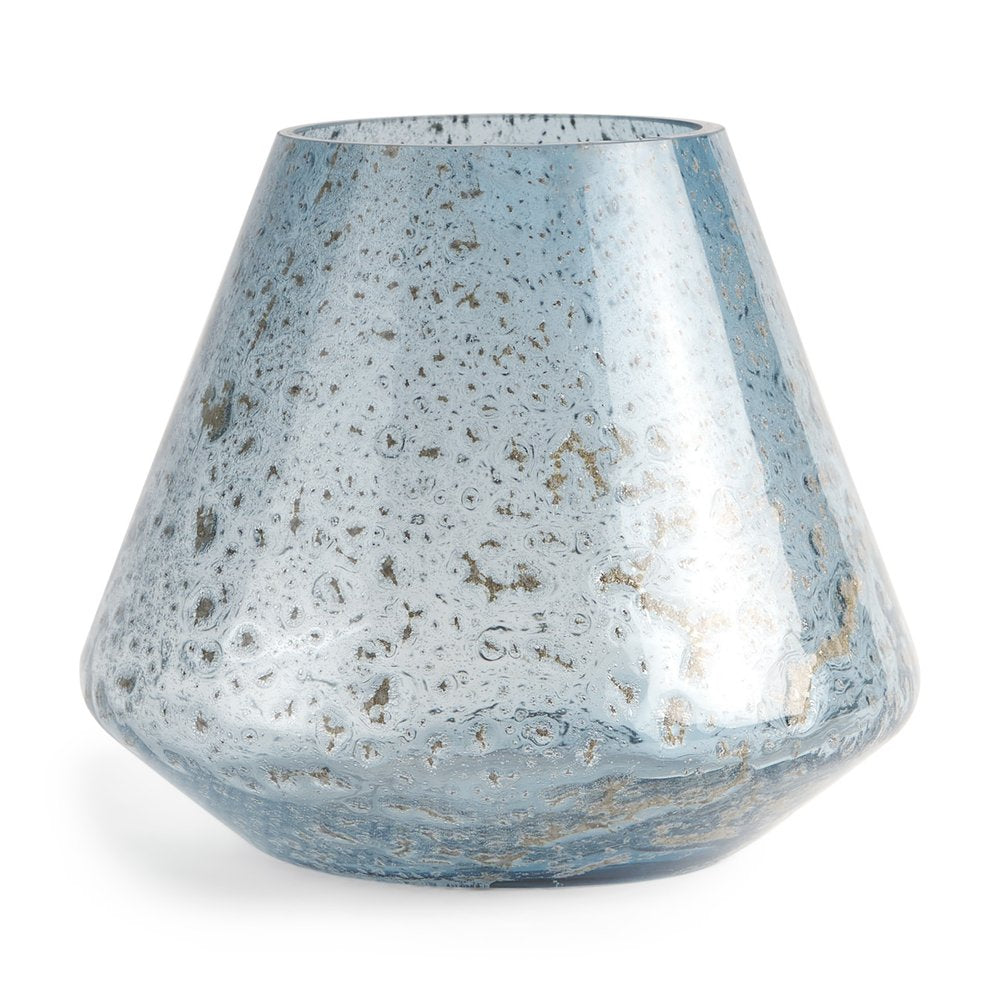 7" Blue Seeded Glass Round Table Vase on a white background